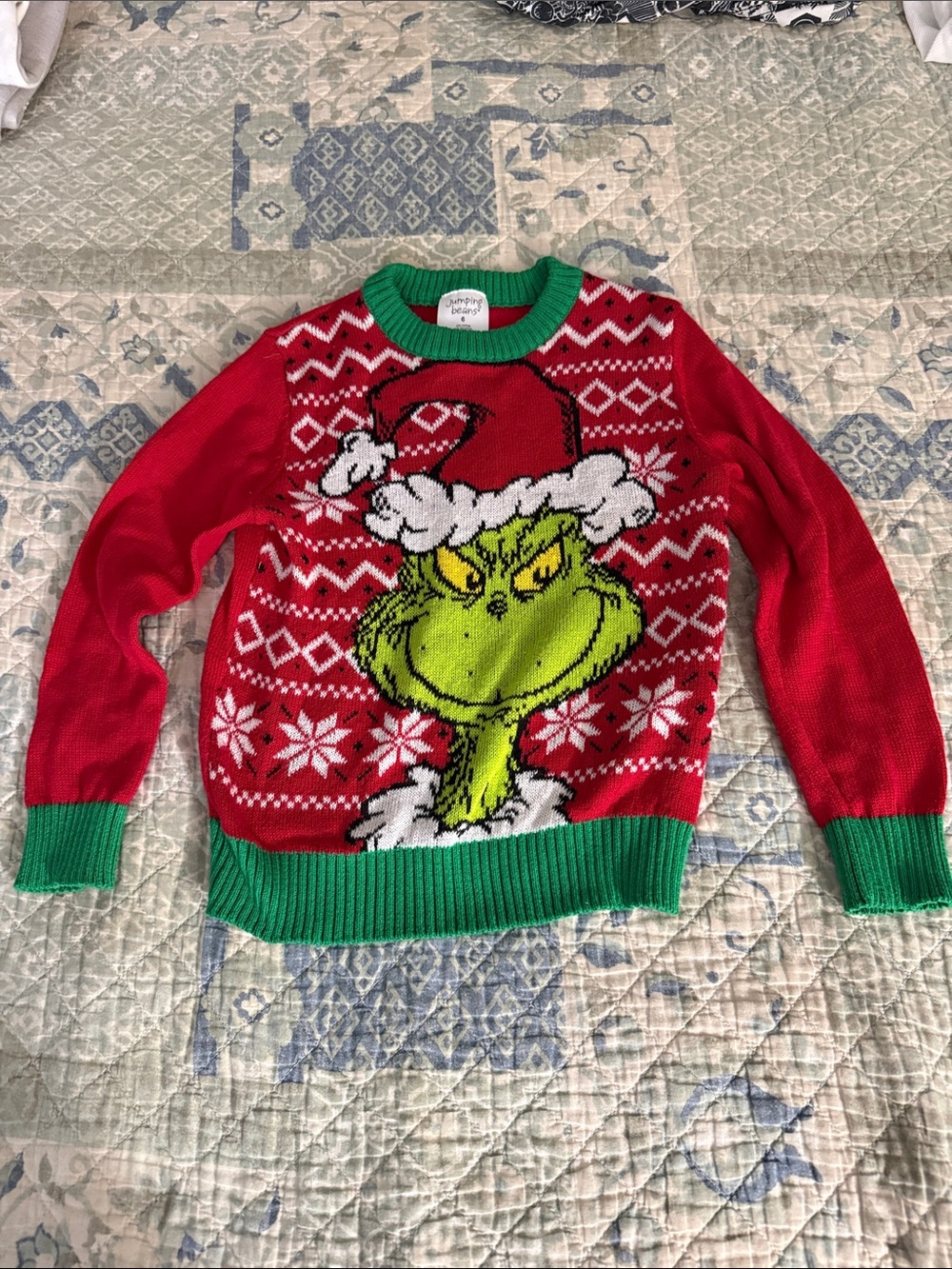 jumping beans Red Grinch Holiday Knit Sweater with Green Trim